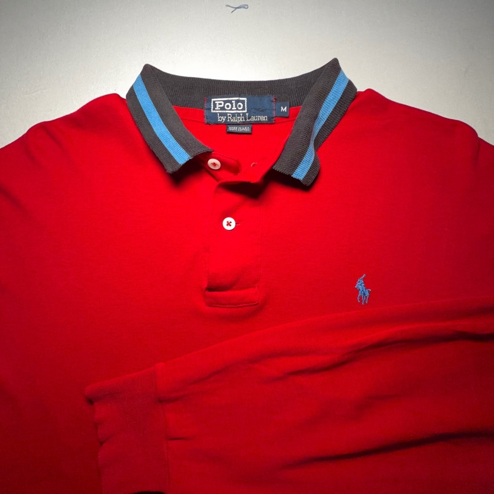 VTG Ralph Lauren Polo Shirt Mens M Long Sleeve Red Contrast Cotton USA Preppy